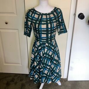 Boden Patterned Fit and Flare Silky  Dress in Green Blue and Cream Size 2